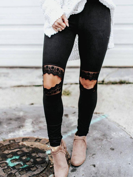 Image of Women Black Leggings Lace Cut Out Elastic Waist Skinny Leggings