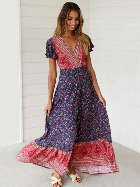 Image of Boho Maxi Dress Floral Print Summer Dress Split Short Sleeve V Neck Wrap Dress