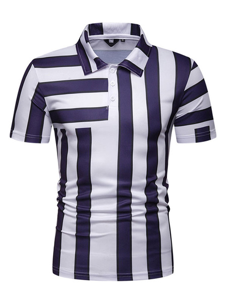 Image of Men Polo Shirt Light Grey Stripe Short Sleeve Casual T Shirt