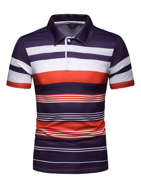 Image of Purple Polo Shirt Stripe Color Block Short Sleeve Men Casual T Shirt