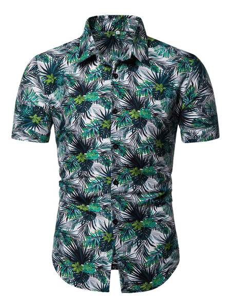 Image of Men Green Shirt Leaf Print Slim Fit Short Sleeve Beach Shirt