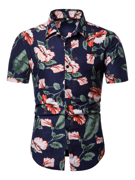 Image of Men Beach Shirt Navy Blue Floral Print Short Sleeve Shirt