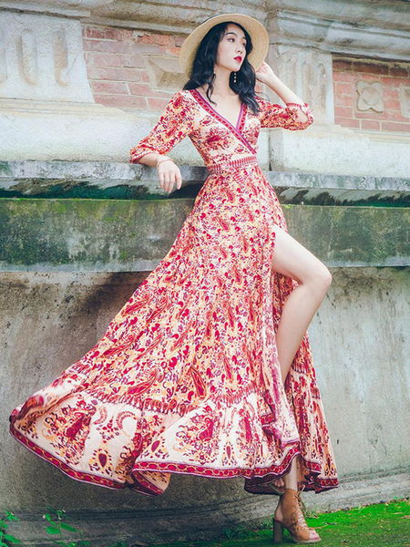 Image of Floral Boho Dress V Neck Summer Dress Knotted Split Printed Maxi Dress