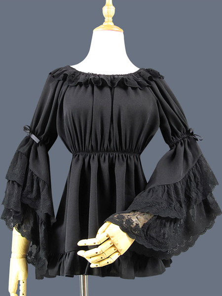 Image of Classico Lolita Blouse Lace Layered Ruffle Bowknot Hime Sleeve Chiffon nero Lolita Top
