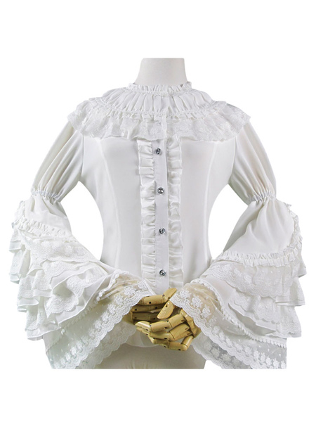 Milanoo Sweet Lolita Shirt Lace Trim Layered Ruffle Hime Sleeve Chiffon White Lolita Shirt