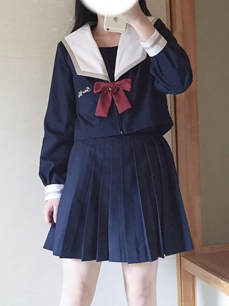 Milanoo Sailor Style Lolita Outfit Snow White Bow Blue Long Sleeve Top With Pleated Skirt