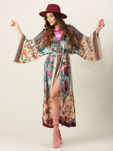 Image of Plus Size Boho Dress Maxi Wrap Dress Print Long Sleeve Women Summer Dress