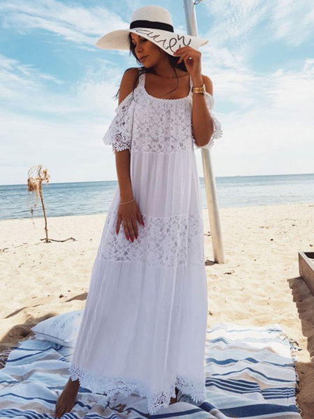 Image of White Boho Dress Women Maxi Dress Lace Half Sleeve Cold Shoulder Beach Dress