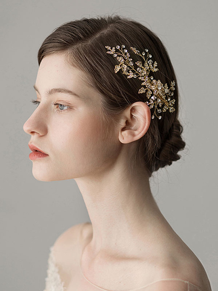 milanoo.com Gold Wedding Headpieces Rhinestones Beaded Hair Clip Bridal Hair Accessories