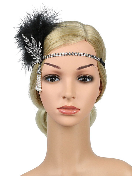 Milanoo Flapper Headpieces 1920s Great Gatsby Headband Women Feather Rhinestone Pearl Retro Hair Acc
