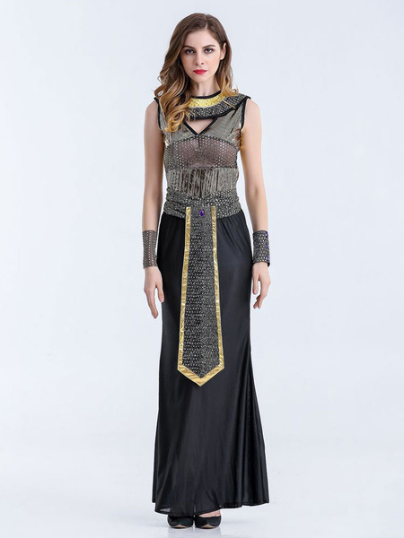 Milanoo Black Halloween Costume Sequin Dress Oversleeves Detachable Collar Polyester Queen Set Mardi