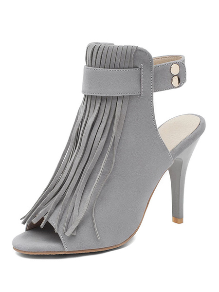 Milanoo High Heel Booties Suede Grey Peep Toe Slingbacks Sandal Boots With Tassels