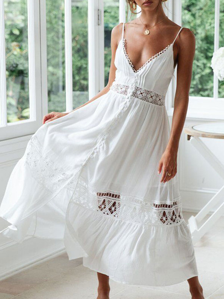 Image of Boho White Dress Women Maxi Summer Dress Lace Patch Sleeveless Button Up Dress