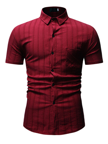 Image of Burgundy Casual Shirts Men Turndown Collar Short Sleeve Slim Fit Cotton Top