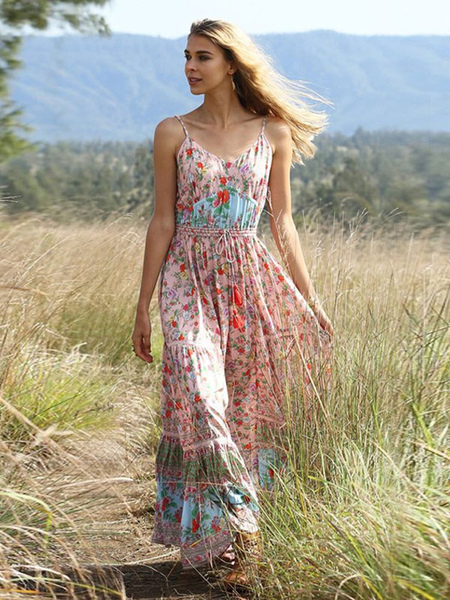 Image of Boho Maxi Dresses Summer Floral Print Women Straps Long Beach Dress