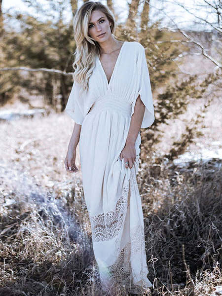 Image of White Beach Dress Boho Maxi Dress Lace Patch V Neck Summer Dress