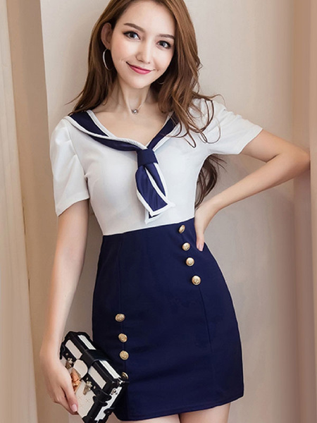 Image of Sailor Mini Dresses Blue Two Tone Short Sleeves Buttons Women Short Dress