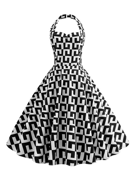 Image of Black Retro Dress Geometric Print Woman 1950s Rockabilly Swing Dress