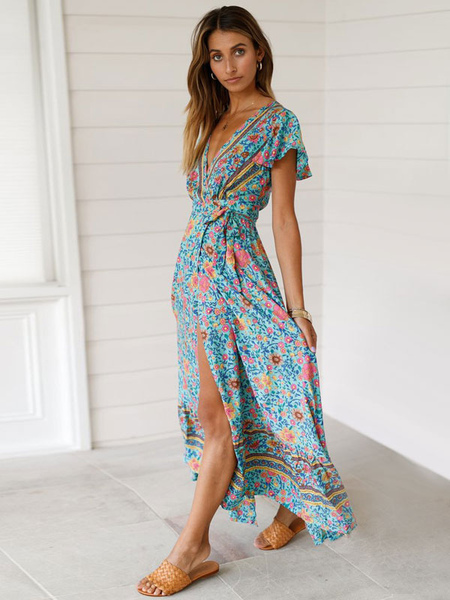Bohemian Dresses Light Sky Blue Split V-Neck Short Sleeves Floral Print Boho Long Dress