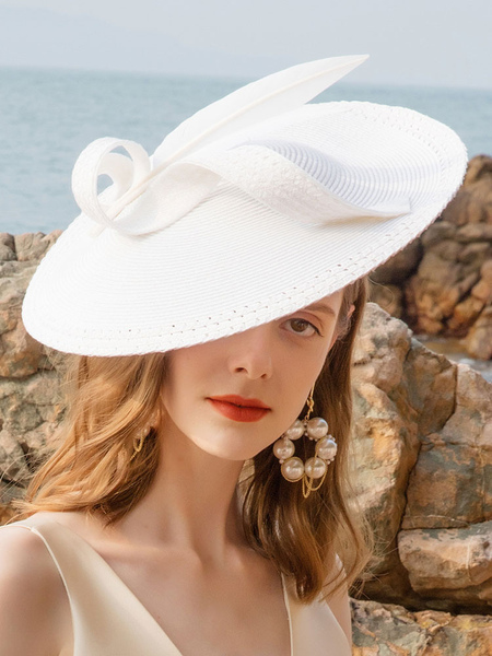 Image of Women Fascinator Hat Ecru White Feathers Vintage Hat Halloween