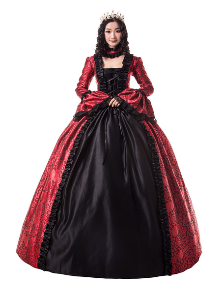 Milanoo Victorian Dress Costume Women's Ture Red Trim Ruffle Floral Print Victorian Era Style Set Ma
