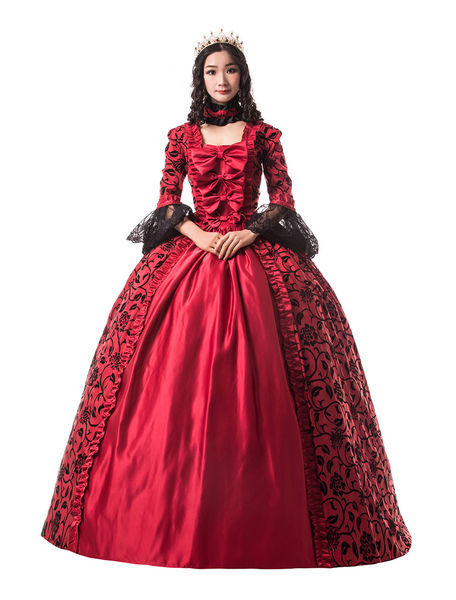 

Milanoo Victorian Dress Costume Women' Ture Red Trim Ruffle Floral Print Victorian Era Style Set Ma