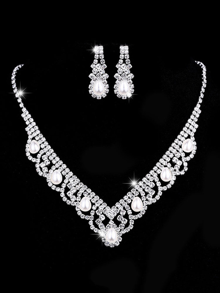 Milanoo Wedding Jewelry Set Silver Rhinestones Pearls Necklace With Drop Earrings