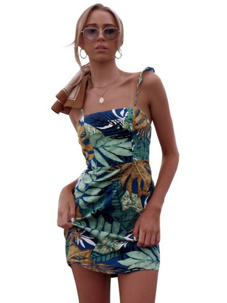 Image of Short Summer Dress Tropical Print Sleeveless Women Slip Dress