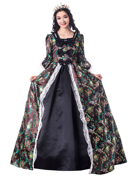 Milanoo Victorian Dress Costume Women's Black Floral Print Lace Ruffle Bows Matte Satin Halloween Dr