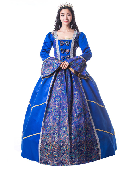Milanoo Victorian Dress Costume Women's Royal Blue Trumpet Long Sleeves Square Neckline Matte Satin