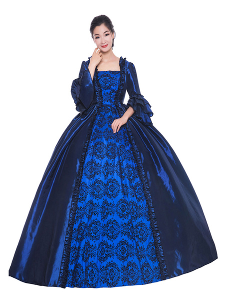 Milanoo Victorian Dress Costume Women's Deep Blue Ruffle Bows Short Sleeves Round Neckline Ball Gown