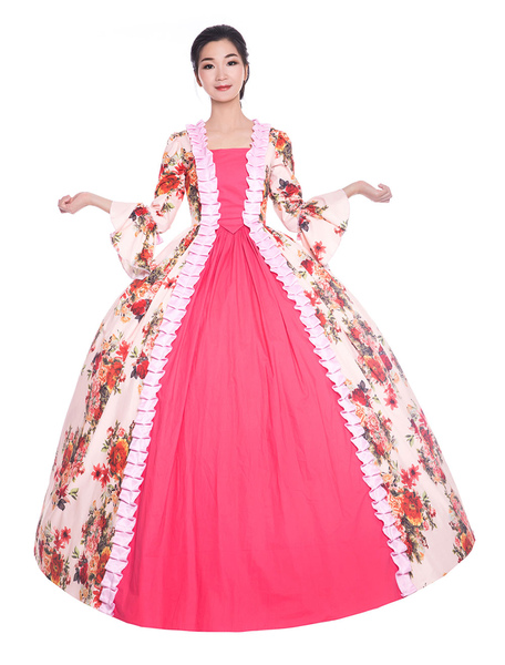Milanoo Pink Retro Costumes Women Floral Print Ruffle Satin Halloween Victorian Style Vintage Clothi