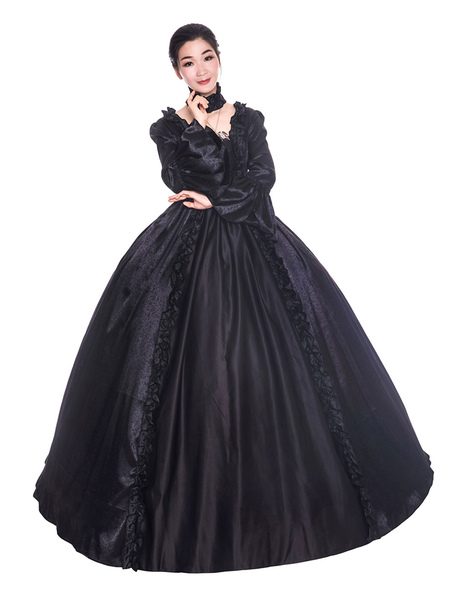 Milanoo Victorian Dress Costume Women's Black long Sleeves Matte Satin Victorian Era Style with Chok