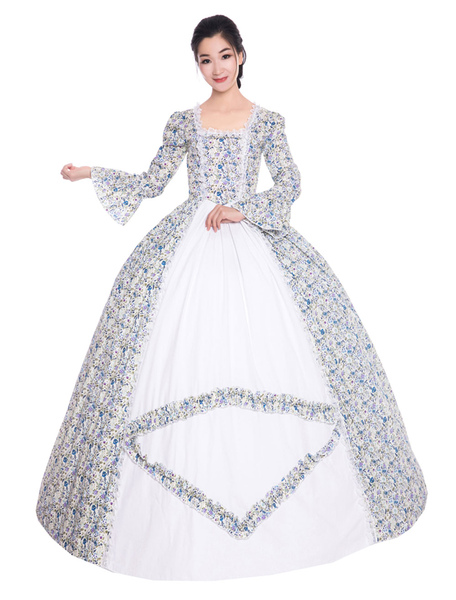Image of Women Retro Costumes Ecru White Floral Print Lace Trim Matte Satin Victorian Style Vintage Clothing Halloween