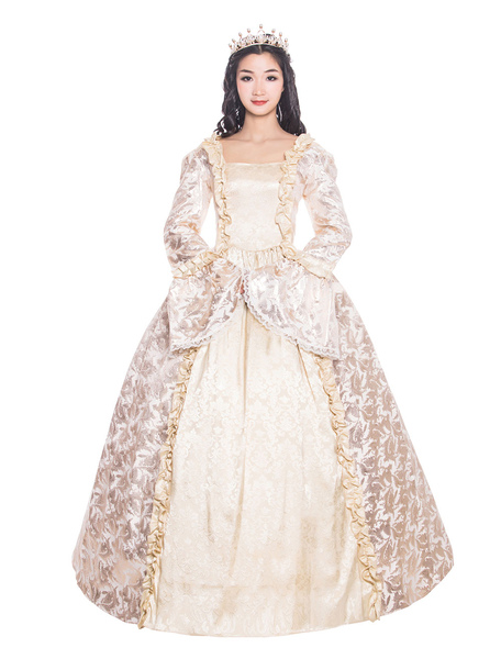 Milanoo Victorian Dress Costume Women's Beige Retro Ruffle Matte Satin Long Sleeves Victorian Era St