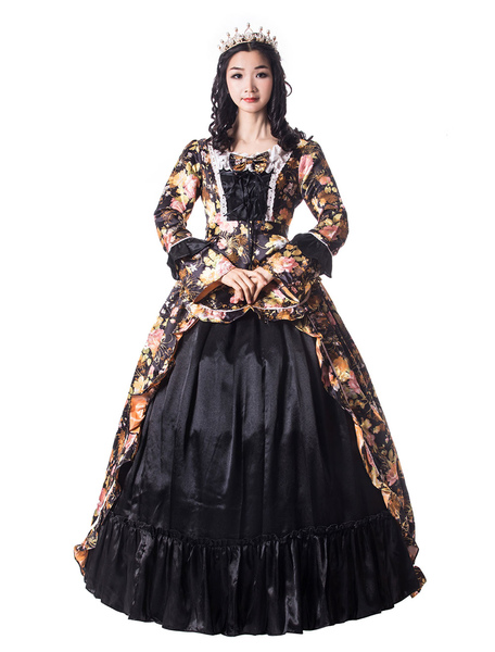 Milanoo Victorian Dress Costume Women's Black Trumpet Long Sleeves Square Neckline Flower Print Vict