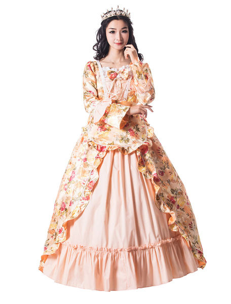 Milanoo Victorian Dress Costume Women's Golden Long Sleeves Round Neckline Flower Print Victorian er