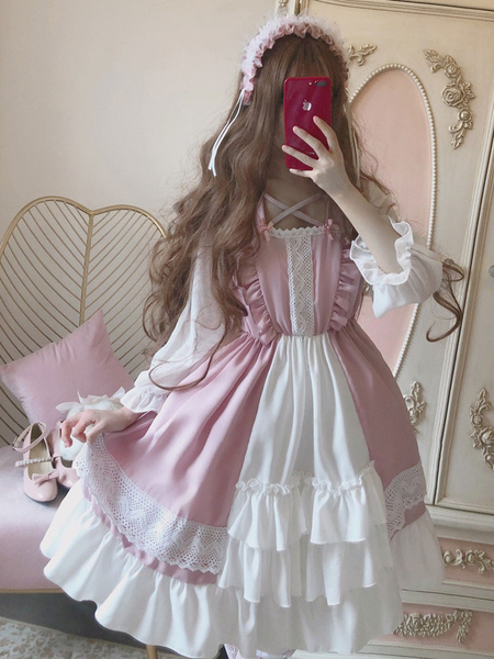 Milanoo Sweet Lolita OP Dress Pink Strawberry Aulait Ruffles Lace Long Sleeves Lolita One Piece Dres