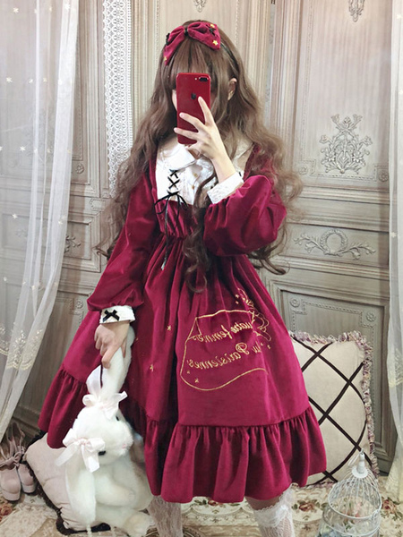 Image of Gothic Lolita OP Dress Buttons Ruffles Stars Stampa maniche lunghe Lolita Abiti One Piece