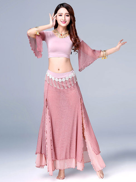 Milanoo Belly Dance Costumes Cameo Pink Slit Ruffle Pleated Belly Dance Wear For Women Halloween