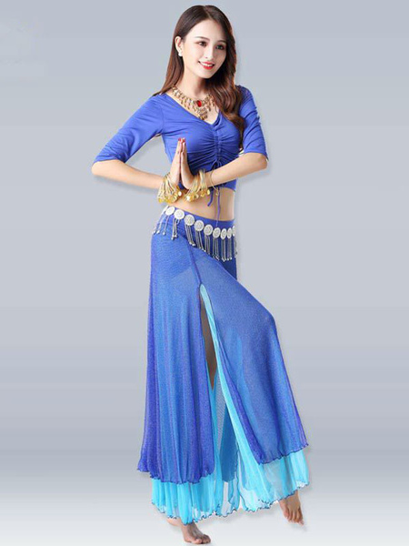 Milanoo Belly Dance Costumes Royal Blue High Slit Belly Ruffle V Neck Drawstring Dance Wear For Wome