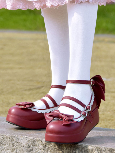 Milanoo Sweet Lolita Pumps Burgundy Bows Round Toe Flatform Lolita Shoes