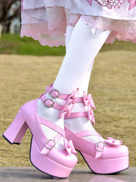Image of Sweet Lolita Pumps Pink Bows Scarpe col tacco alto in pelle Lolita