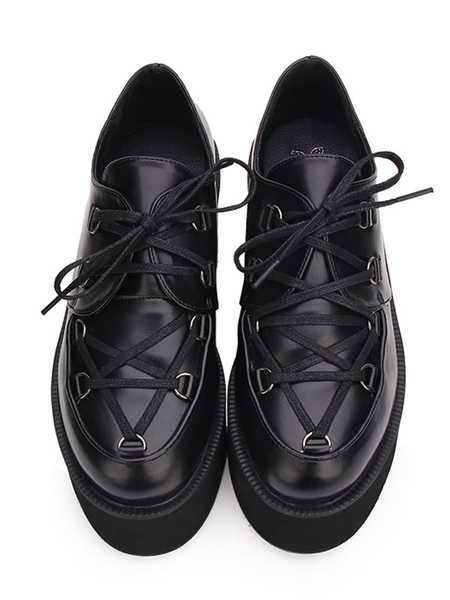 

Milanoo Gothic Lolita Shoes Black Flatform Lace Up Round Toe Leather Lolita Pumps, Deep blue;burgundy;black