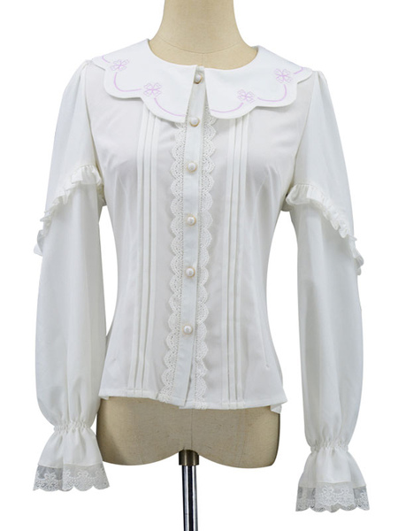 Image of Sweet Lolita Blouses Lace Buttons Lolita Top Long Sleeves White Lolita Shirt