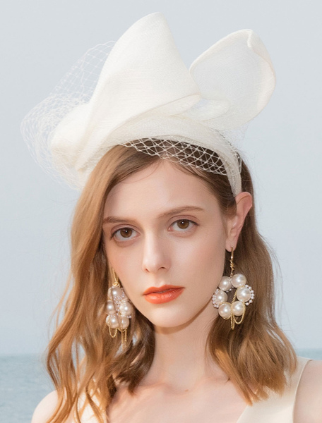 Image of Women Retro Hat Tulle Net Ecru White Fascinator Hat Halloween