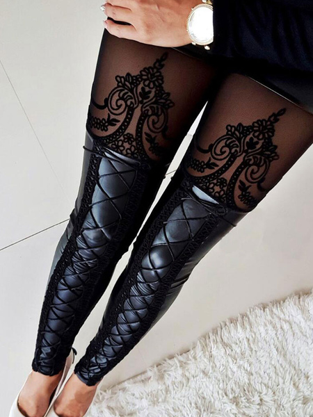 Image of Sexy Black Leggings Women Lace Up PU Leather Skinny Leggings