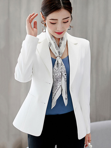 Image of Blazer 2020 For Women White Turndown Collar Buttons Long Sleeves Casual Outwear