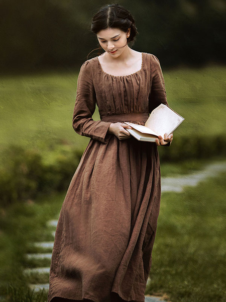 Image of Brown Maxi Dress Women Empire Cut Regency Dress Linen Square Neckline 1790s Jane Austen Costume Halloween