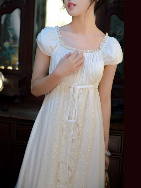 Image of White Regency Dress Lace Cotton Silk Empire Cut 1790s Embroidered Jane Austen Dress For Women Halloween